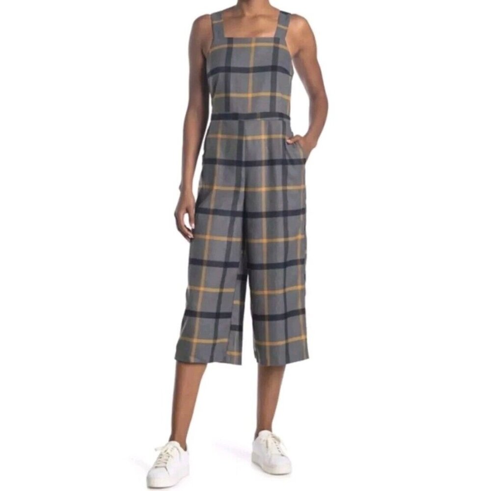 ModCloth Wide Leg Jumpsuit Cropped Gray Black Yellow Plaid Plenty Of Panache - Picture 9 of 10